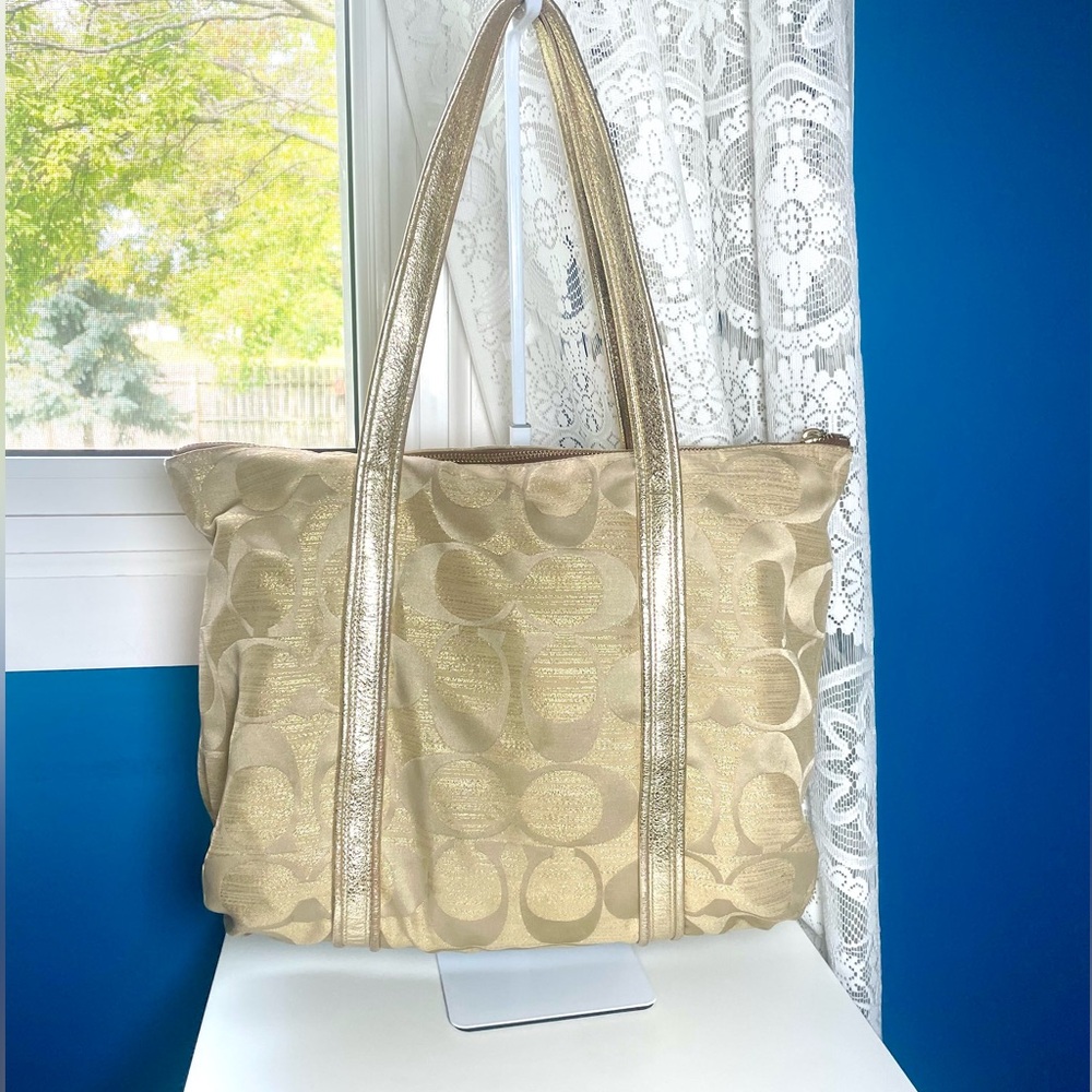 Coach Poppy Gold Signature Tote Bag  14 in W 12 1/2 in L - Picture 5 of 17